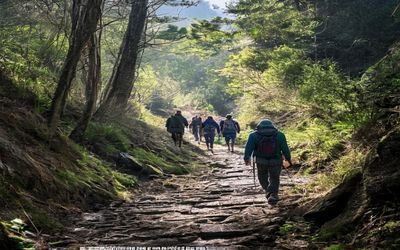 徒步者沿琉璃川山间古道行走，脚踏青石板、身旁溪流相伴、林间光影斑驳、自然气息浓郁