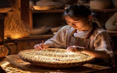手工艺人在琉璃川工坊内指导游客制作传统竹编工艺品，手指灵巧、神情专注、温暖的灯光营造出浓厚的匠心氛围