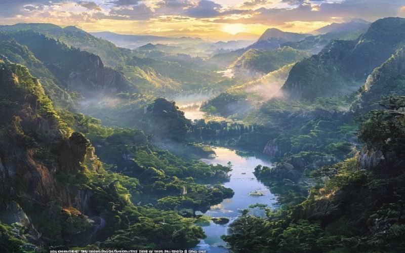 琉璃川全景鸟瞰图，碧波如玉的川流穿越苍翠山谷，晨雾缭绕、金色晨光洒落，画面诗意盎然充满自然生命力