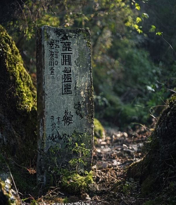 琉璃川古道遗址旁的石碑与苔藓，斑驳光影中透出悠久历史的厚重感与岁月沉淀的静谧美