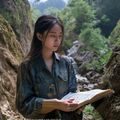 琉璃川文化研究员林晓溪，温和气质、书卷气息，摄于琉璃川古道遗址旁，手持历史文献资料