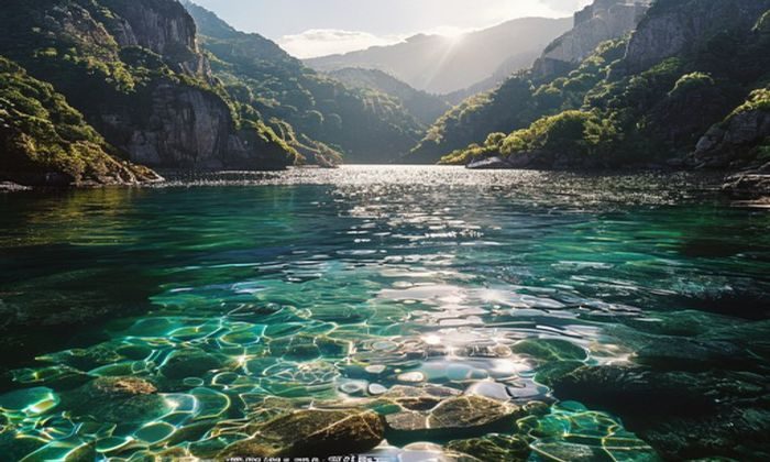琉璃川水面在晨光下呈现出琉璃般的光泽，金色阳光穿透山谷倒映于碧波之上，画面极具视觉冲击力