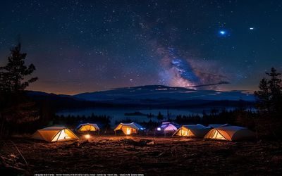 琉璃川营地夜晚帐篷灯光与璀璨星空相互辉映，银河清晰可见、篝火温暖跳动、营造出梦幻般的露营氛围
