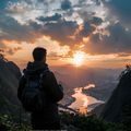 琉璃川首席摄影师方远山，专业摄影装备在肩，摄于琉璃川日出拍摄现场，晨光映照专业而从容